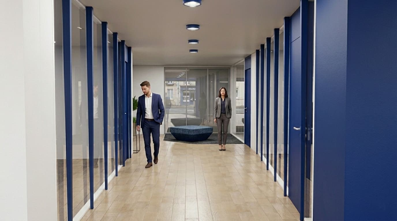 Zone de passage lumineuse et cloisons vitrées pour les bureaux individuels