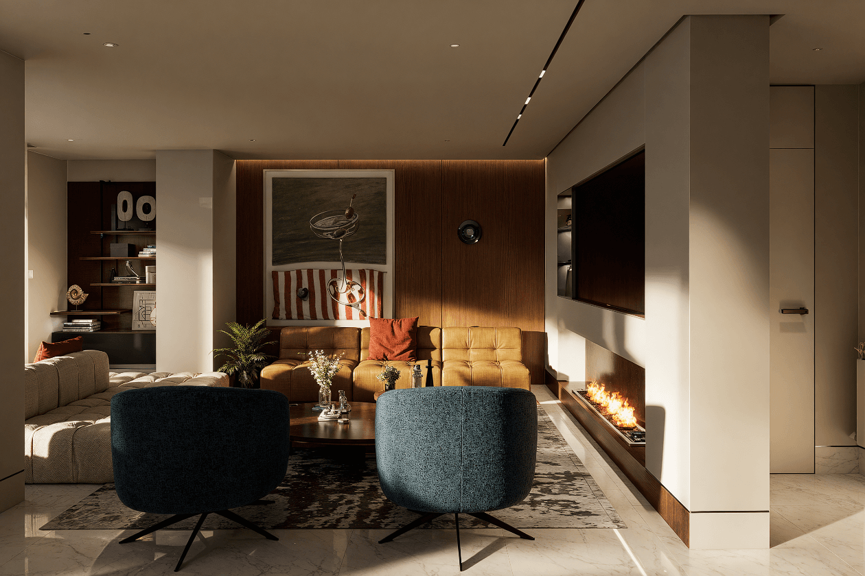 Vue secondaire du salon avec éclairage et détails de décoration