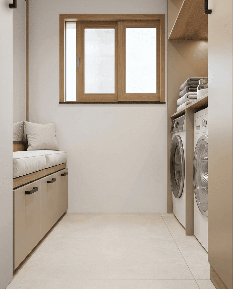 Buanderie avec banquette, rangements bois et lave-linge encastré