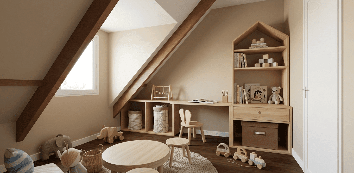 Chambre enfant avec bureau, bibliothèque maison et poutres apparentes