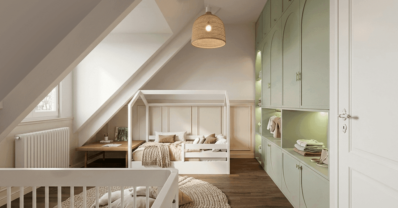 Chambre enfant sous combles avec placards verts et lit maison