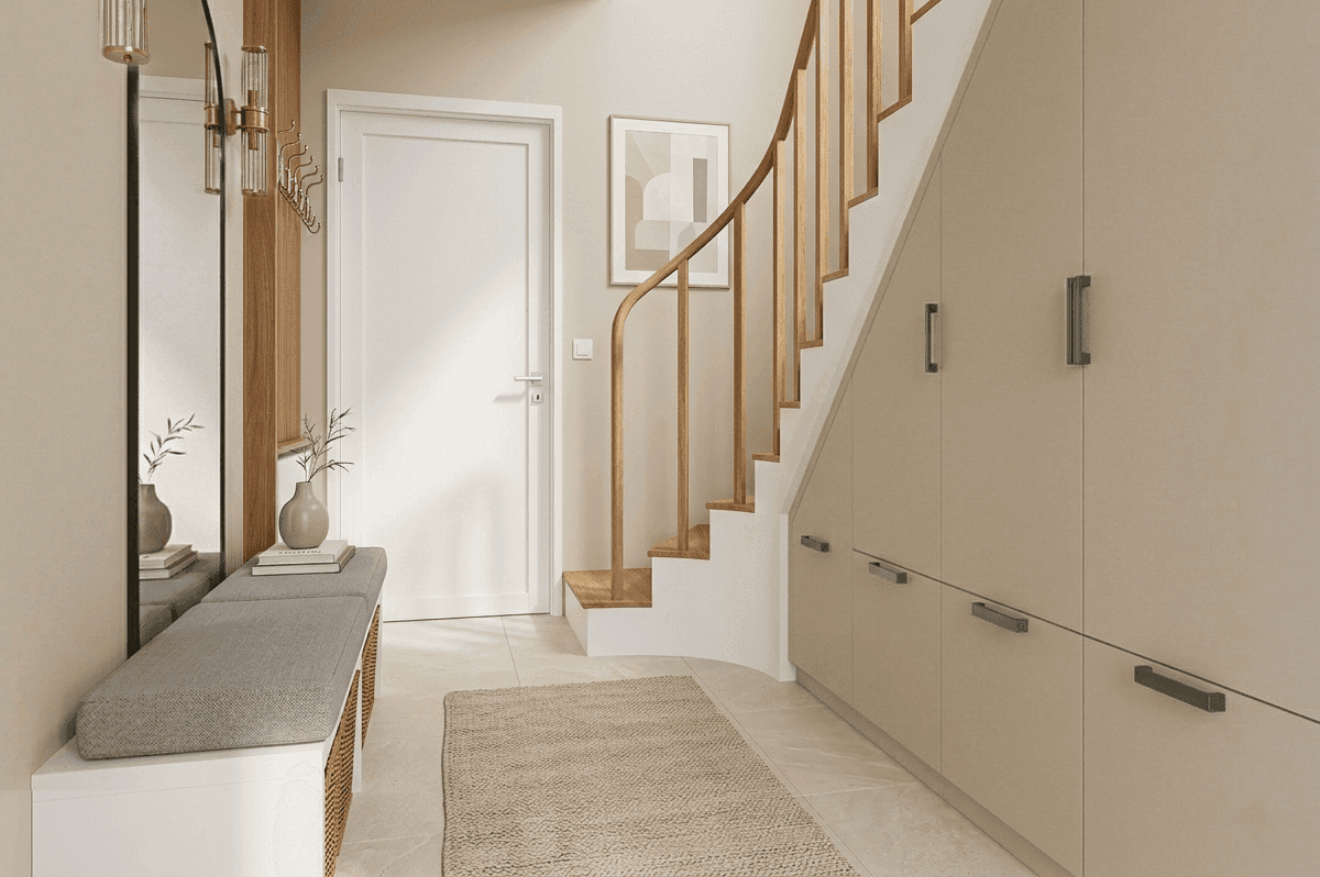 Couloir et escalier avec placards intégrés en tons beige