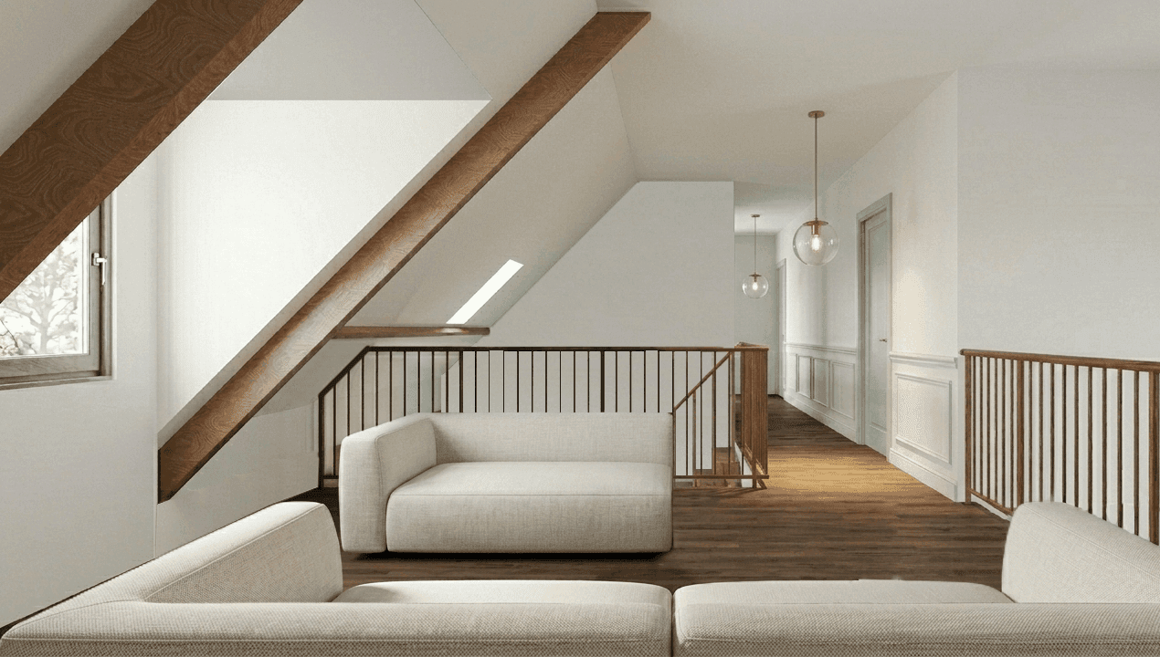 Palier mezzanine sous combles avec canapé et poutres apparentes