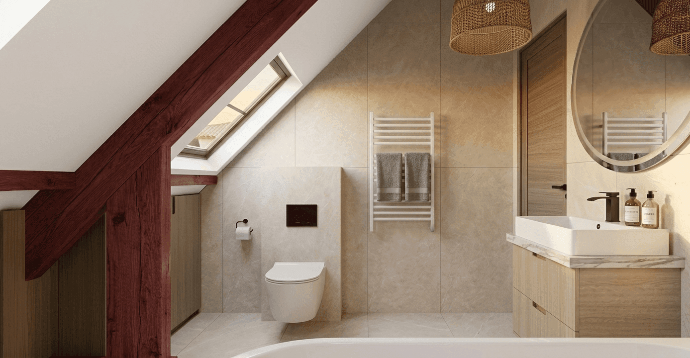 Salle de bain sous combles avec poutres apparentes et baignoire encastrée