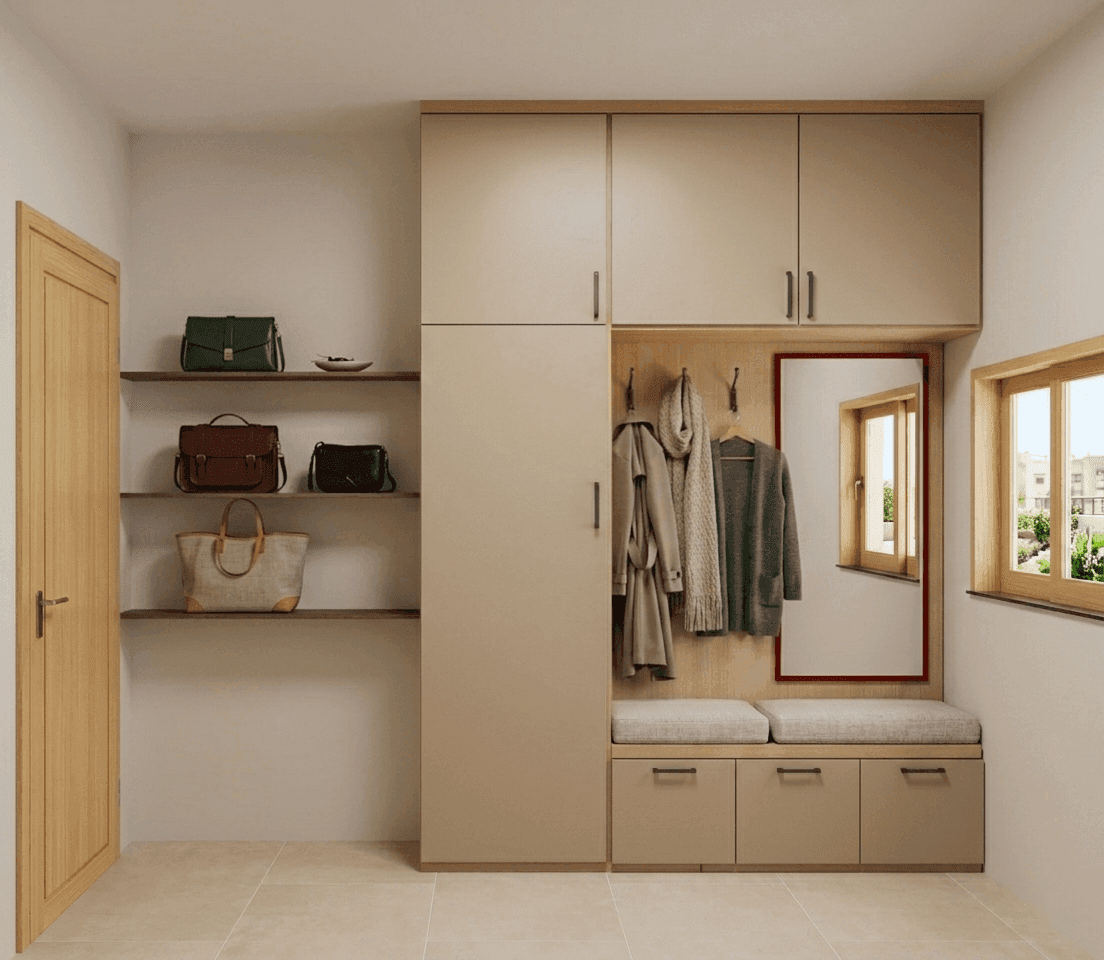 Vestiaire entrée avec placard sur mesure, banquette et miroir