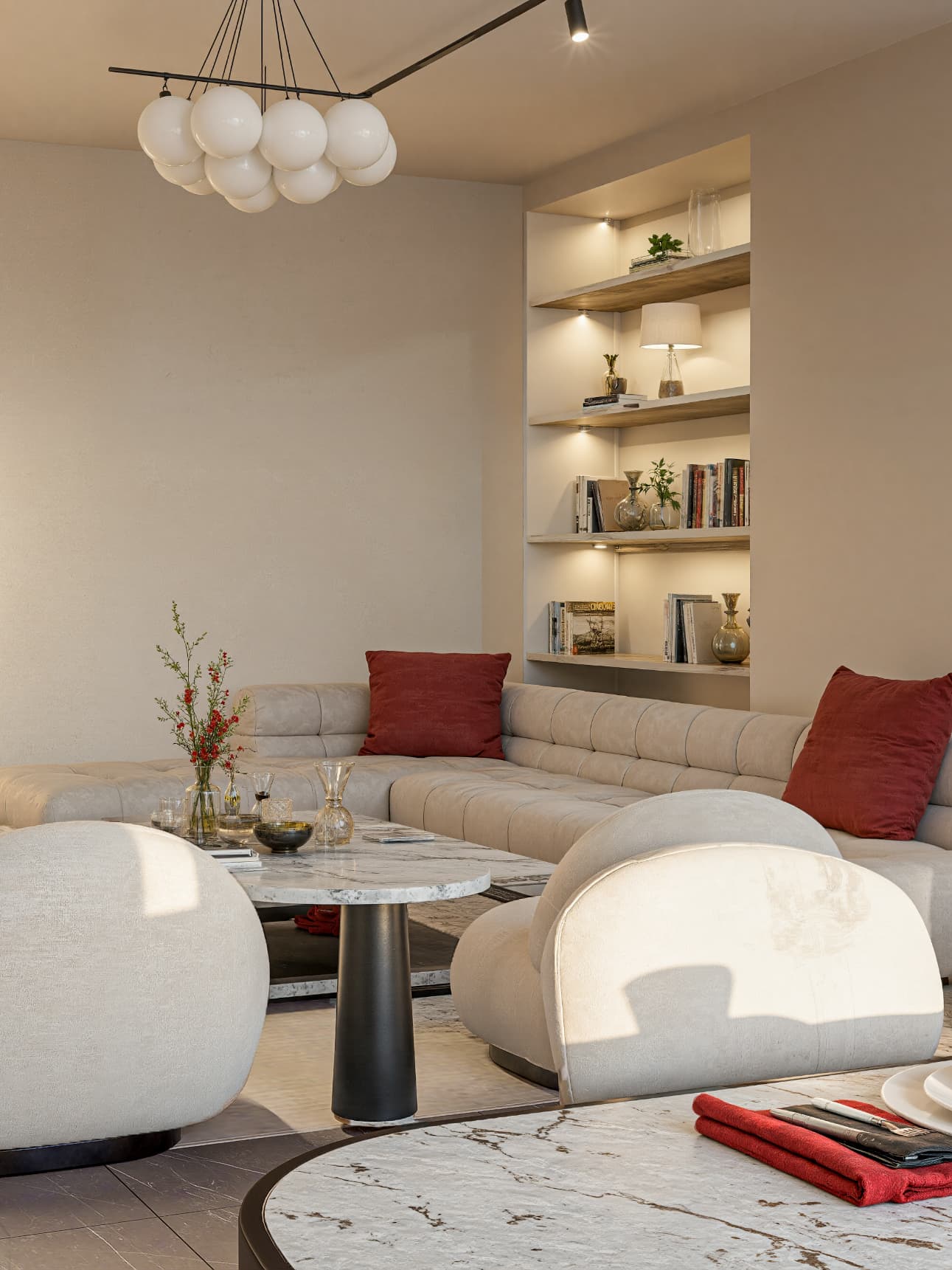 Espace de vie avec mobilier design et matériaux naturels